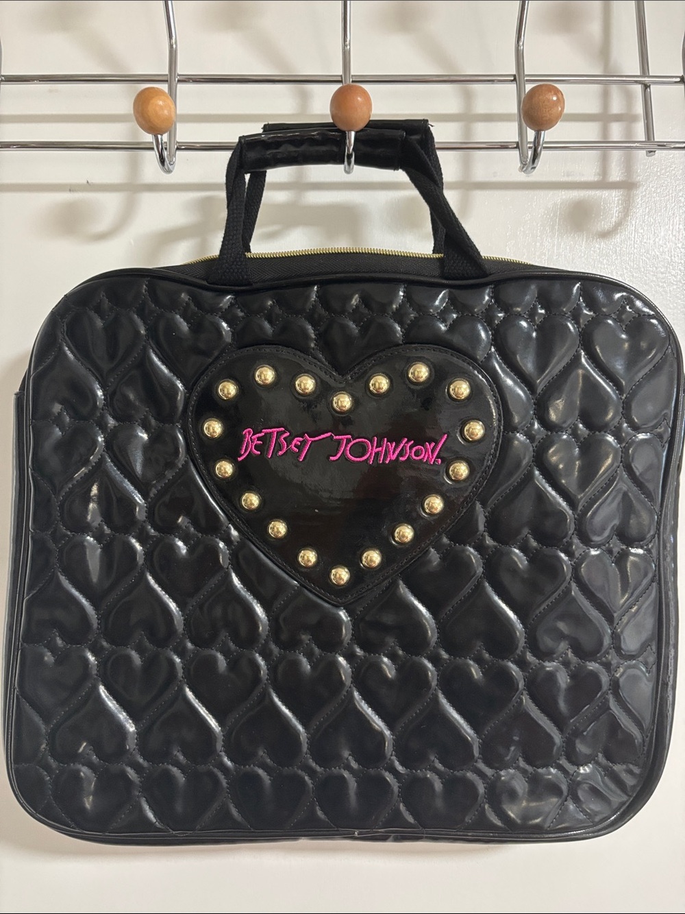 Betsey Johnson Black Quilted Heart Stud Laptop Bag with Pink Logo